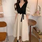 Puff-sleeve V-neck Color Panel A-line Dress