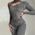Long-sleeve Houndstooth Jumpsuit