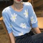 Short-sleeve Jacquard Knit Top White Flower - Blue - One Size