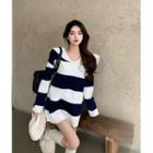 Oversized Sailor-collar Striped Sweater Stripe - One Size