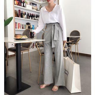 Long-sleeve Knit Top / Plain High-waist Pants