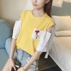Flower Embroidered Pocket Elbow Sleeve T-shirt