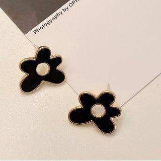 Flower Alloy Earring 1 Pair - S925 Silver Pin Stud Earrings - Black - One Size
