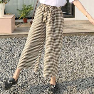 Embroidered Short-sleeve T-shirt / Gingham Wide Leg Pants / Set: Embroidered Short-sleeve T-shirt + Gingham Wide Leg Pants