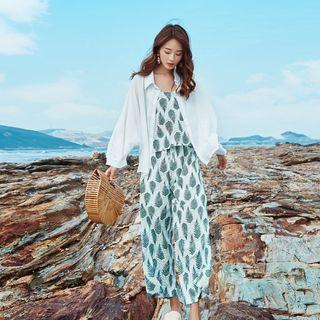 Set: Leaf Print Camisole Top + Cropped Pants + Oversize Chiffon Shirt