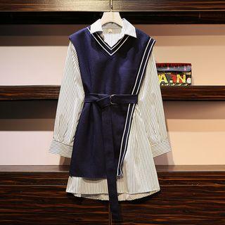 Set: Striped Shirt Dress + V-neck Knit Vest