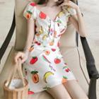 Puff-sleeve Fruit Printed A-line Mini Dress