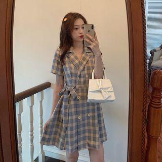 Short Sleeve Plaid A-line Shirtdress