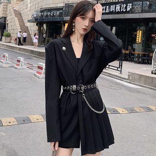 Plain Single-breasted Blazer / Mini Pleated / Chain Detail Belt