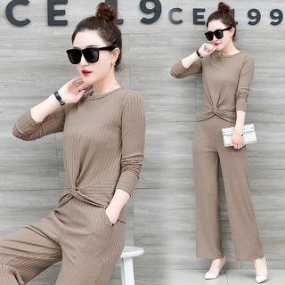 Set: Long-sleeve Ribbed Top + Wide Leg Pants