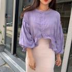 Plain Crewneck Single-breasted Loose-fit Puff-sleeve Cropped Blouse