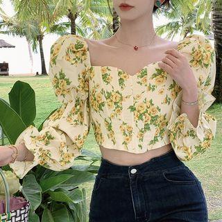 Long-sleeve Floral Print Corset Top Almond - One Size