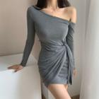 Long-sleeve Off-shoulder Tie-front Mini Bodycon Dress