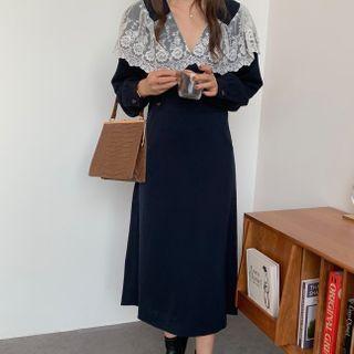 Long-sleeve Lace Collared V-neck Dress