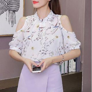 Short-sleeve Round Neck Off-shoulder Floral Chiffon Top