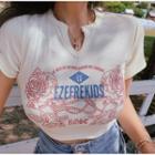 Short-sleeve Lettering Notched Top White - One Size