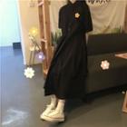 Elbow-sleeve Layered Shirt Dress With Flower Brooch