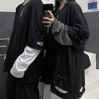 Couple Matching Mock Two-piece Long-sleeve Ripped T-shirt