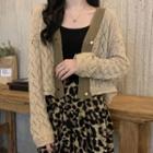 Pointelle Knit Cropped Cardigan / Leopard Print Mini A-line Skirt