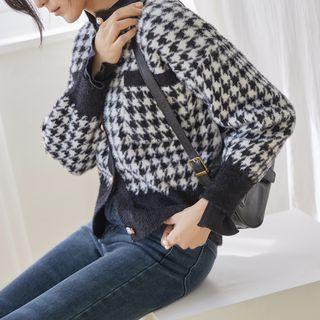 Faux-pearl Houndstooth Cardigan Black - One Size