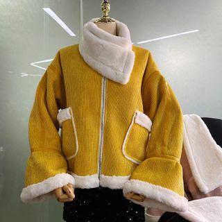 Furry Collar Corduroy Big-pocket Zip Jacket