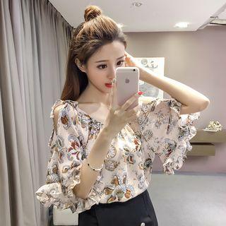 Printed Flounced Elbow-sleeve Chiffon Top