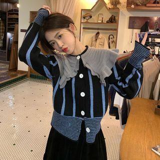 Ruffle Trim Collar Striped Cardigan Black - One Size