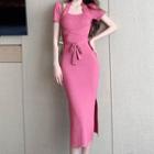 Short-sleeve Tie-front Midi Sheath Dress