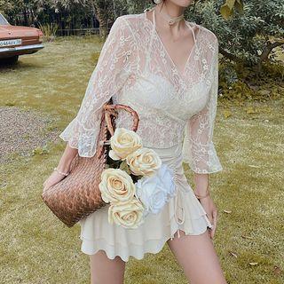 Set: Halter Bikini Top + Swim Skirt + Lace Cover-up Top
