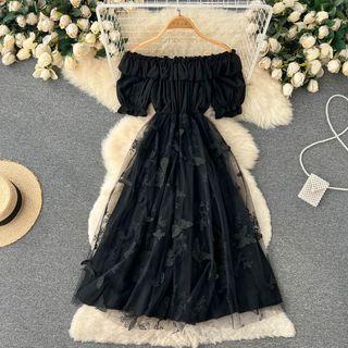 Short-sleeve Off-shoulder Mesh Panel Midi A-line Dress