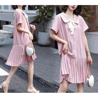 Short-sleeve Ribbon Pleated Paneled Dress