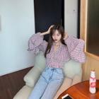 Long-sleeve Cold-shoulder Cropped Plaid Top As Shown In Figure - One Size