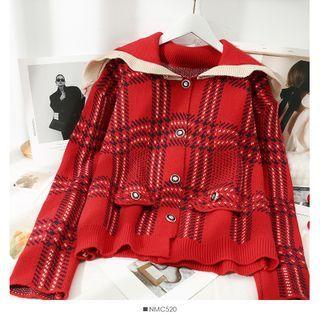 Plaid Sailor-collar Button-up Sweater Red - One Size