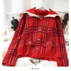 Plaid Sailor-collar Button-up Sweater Red - One Size
