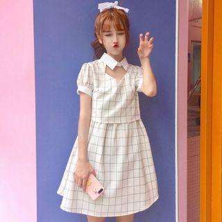 Plaid Mock Two-piece Short-sleeve Collared Dress