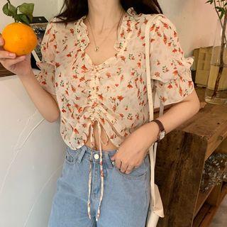 Floral Drawstring Short-sleeve Blouse As Shown In Figure - One Size