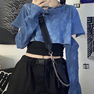 Set: Long-sleeve Cut-out Tie-dyed Top + Camisole Top