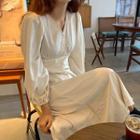 V-neck Lantern-sleeve Midi A-line Dress Almond - One Size