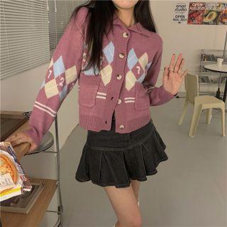 Argyle Collared Cardigan / Denim Skirt