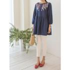 Puff-sleeve Embroidered-detail Tunic