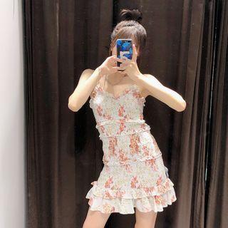 Ruffle Trim Floral Strappy A-line Dress