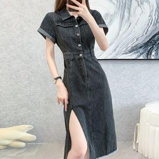 Short-sleeve Slit Denim Midi A-line Shirtdress