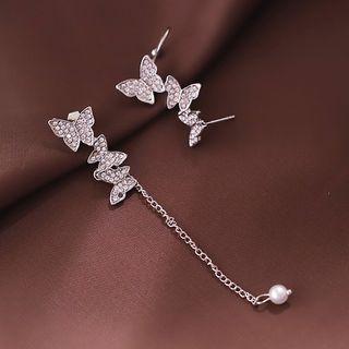 Non-matching Rhinestone Butterfly Stud Earring 1 Pair - Silver - One Size