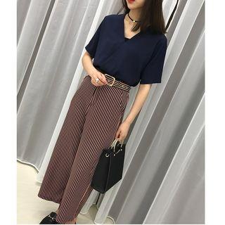 Set : V-neck Short-sleeve Chiffon Top + Pinstripe Wide Leg Pants