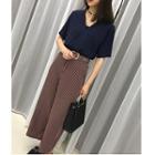 Set : V-neck Short-sleeve Chiffon Top + Pinstripe Wide Leg Pants