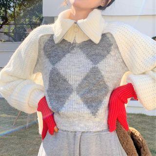 Cutout Cropped Cardigan / Argyle Sweater