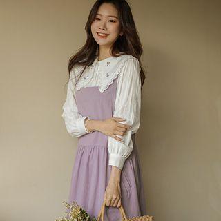 Lace-trim Flower-embroidered Blouse Ivory - One Size