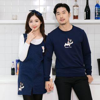 Couple Matching Dog Print Pullover / Set: Plain Long Sleeve T-shirt + Dungaree Dress