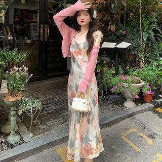 Spaghetti Strap Print Midi Dress / Long-sleeve Cropped Cardigan