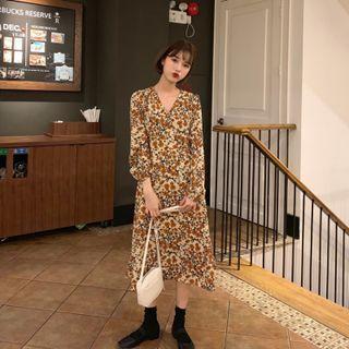 Long-sleeve Floral Print Midi Dress T6l - Floral Print - Light Yellow - One Size